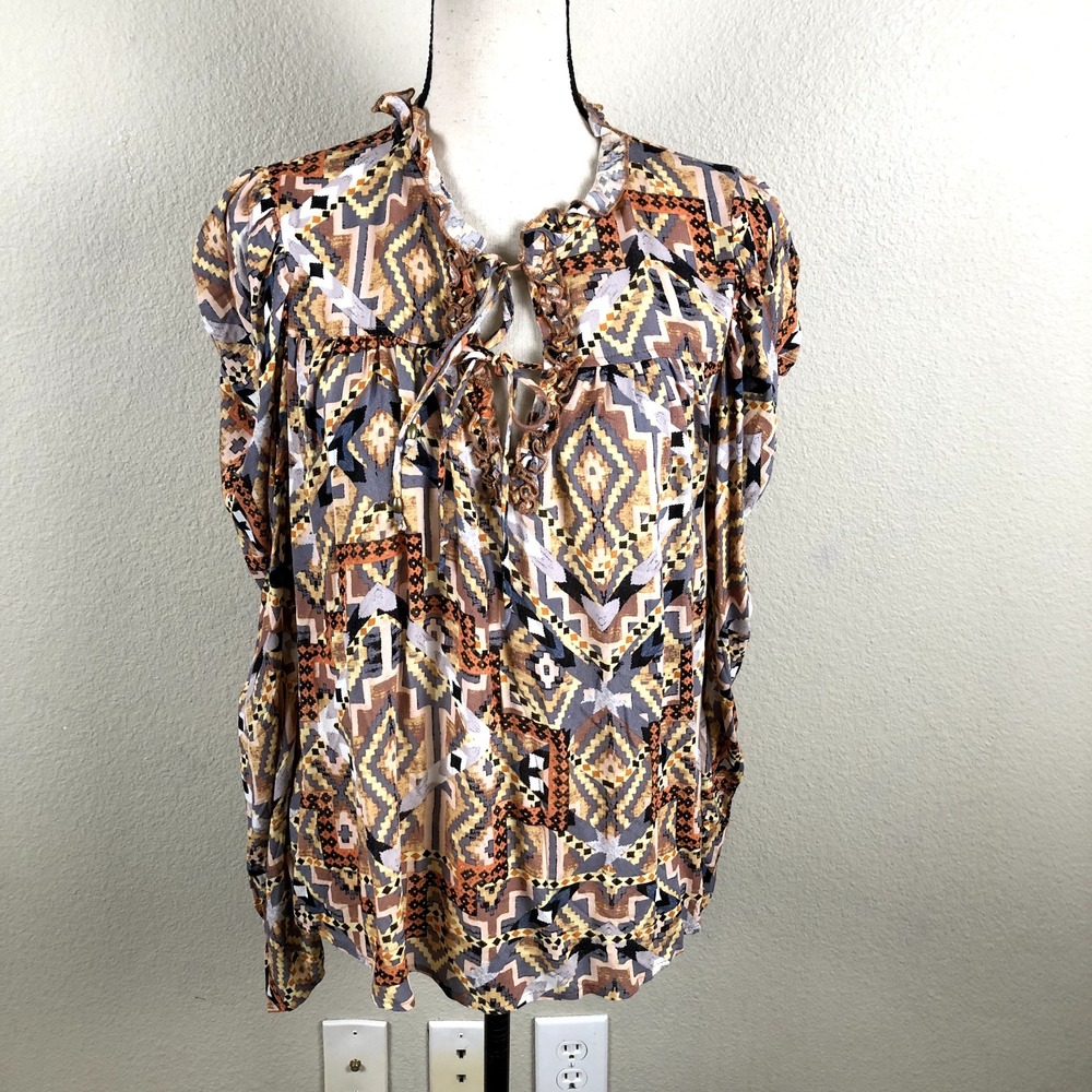 Dear John Boho Peasant Shirt Women M Tan Multicolor Aztec Print Southwestern